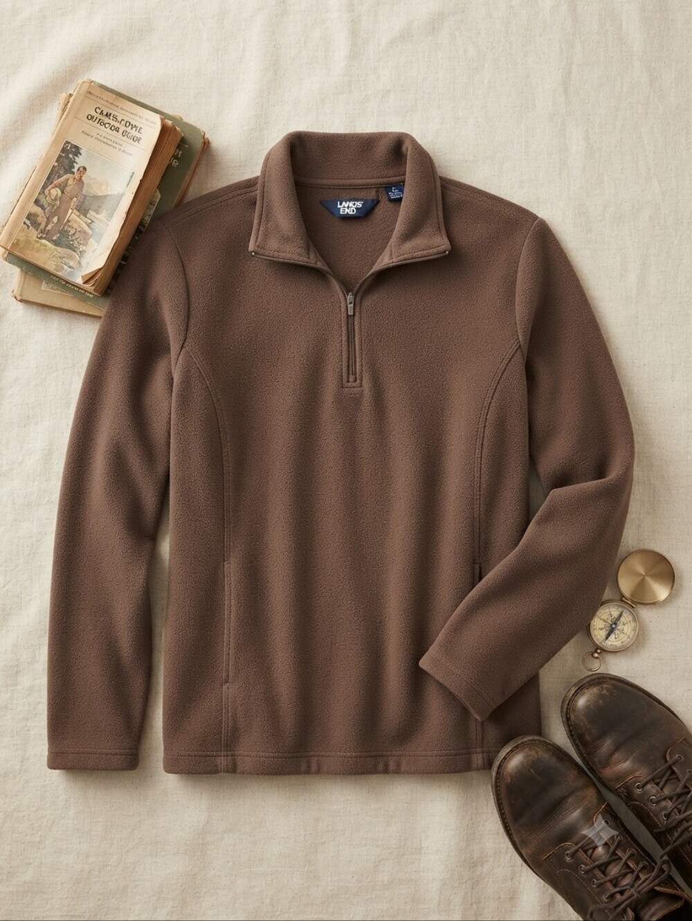 Lands End Brown Fleece 3/4 Zip Pullover Sweater